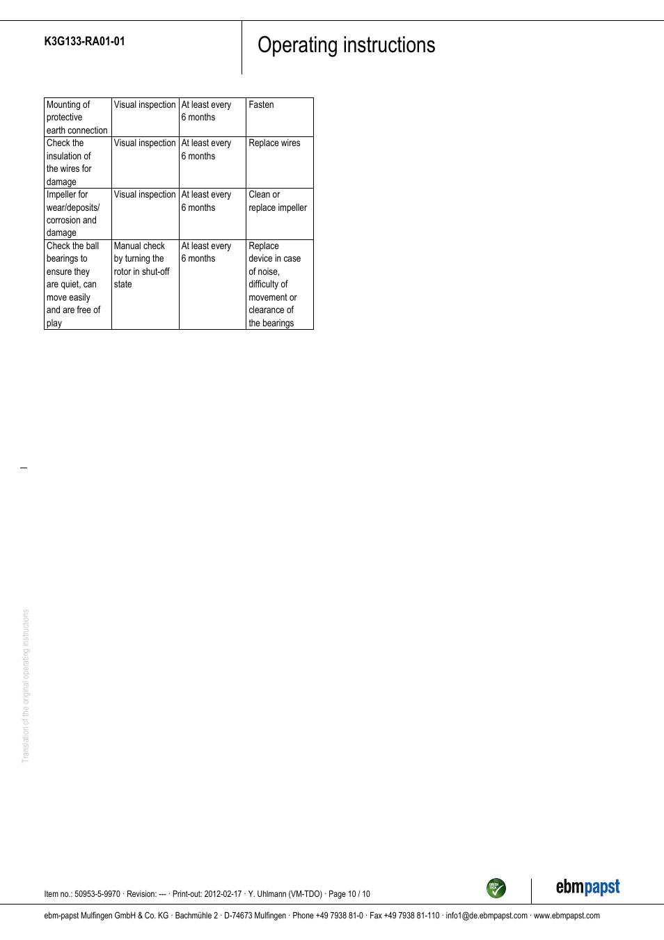 Operating instructions | ebm-papst K3G133-RA01-01 User Manual | Page 10 / 10