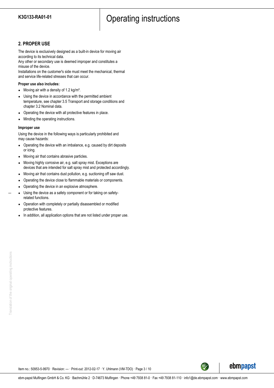 Operating instructions, Proper use | ebm-papst K3G133-RA01-01 User Manual | Page 3 / 10