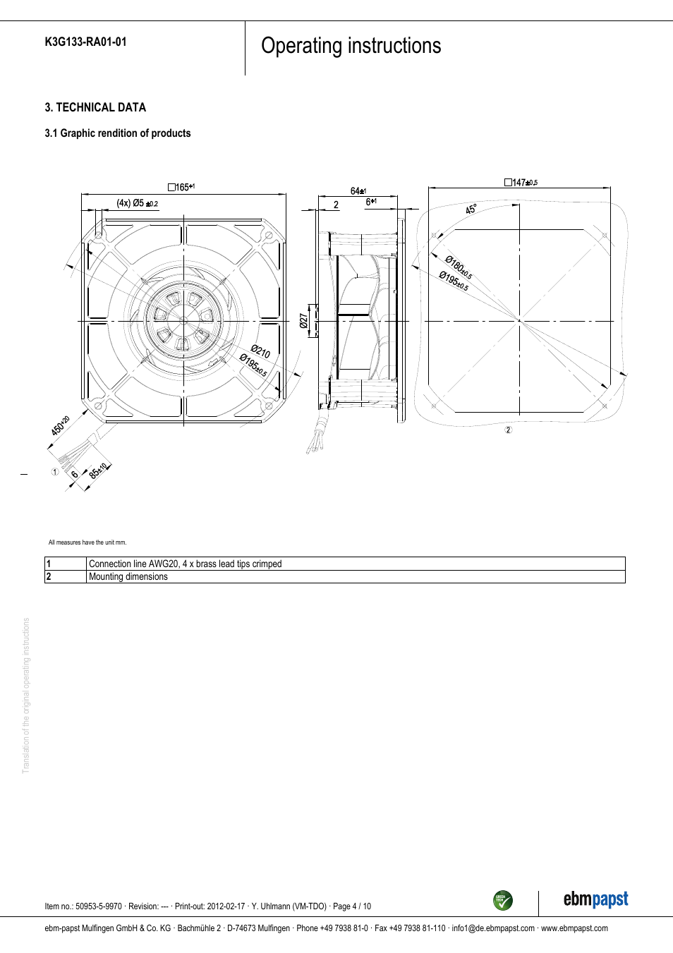 Operating instructions | ebm-papst K3G133-RA01-01 User Manual | Page 4 / 10