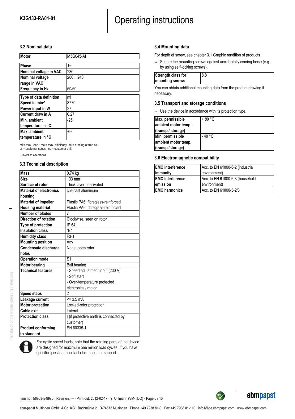 Operating instructions | ebm-papst K3G133-RA01-01 User Manual | Page 5 / 10