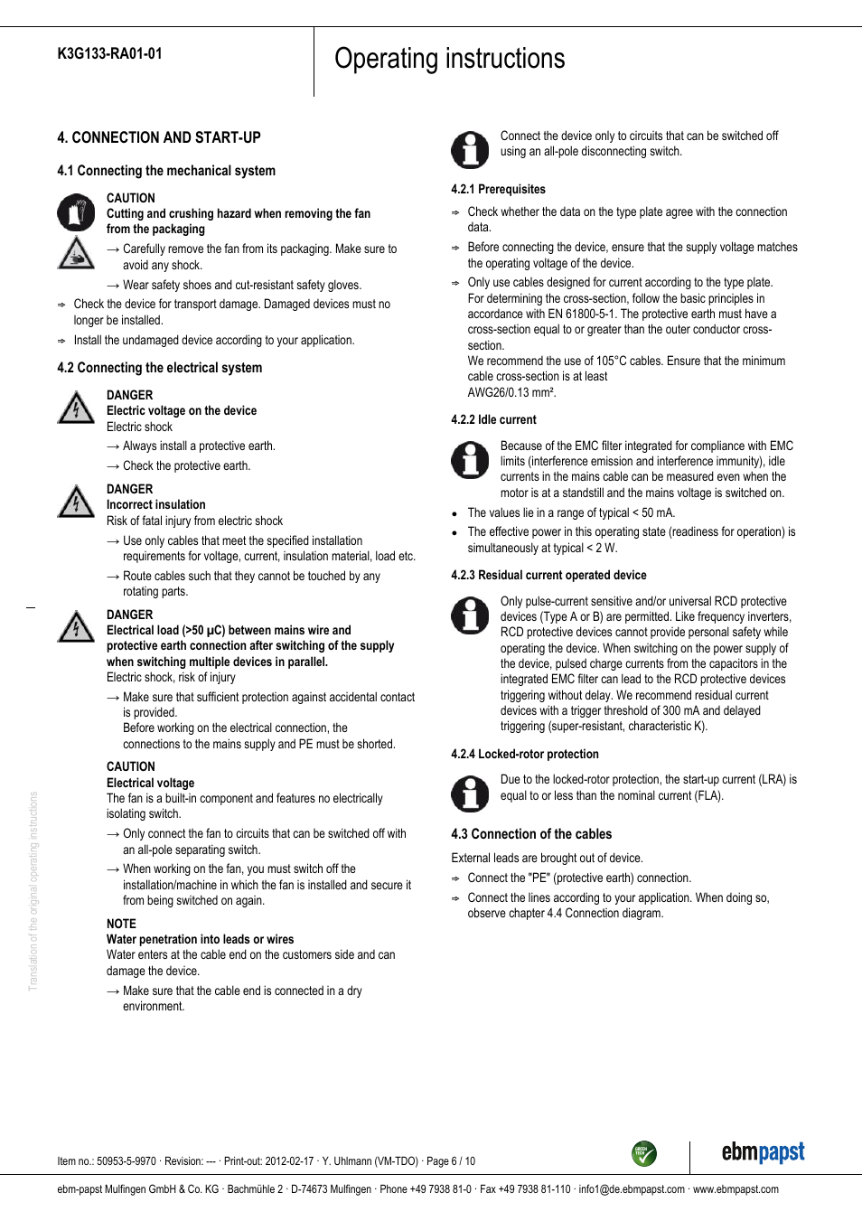 Operating instructions | ebm-papst K3G133-RA01-01 User Manual | Page 6 / 10