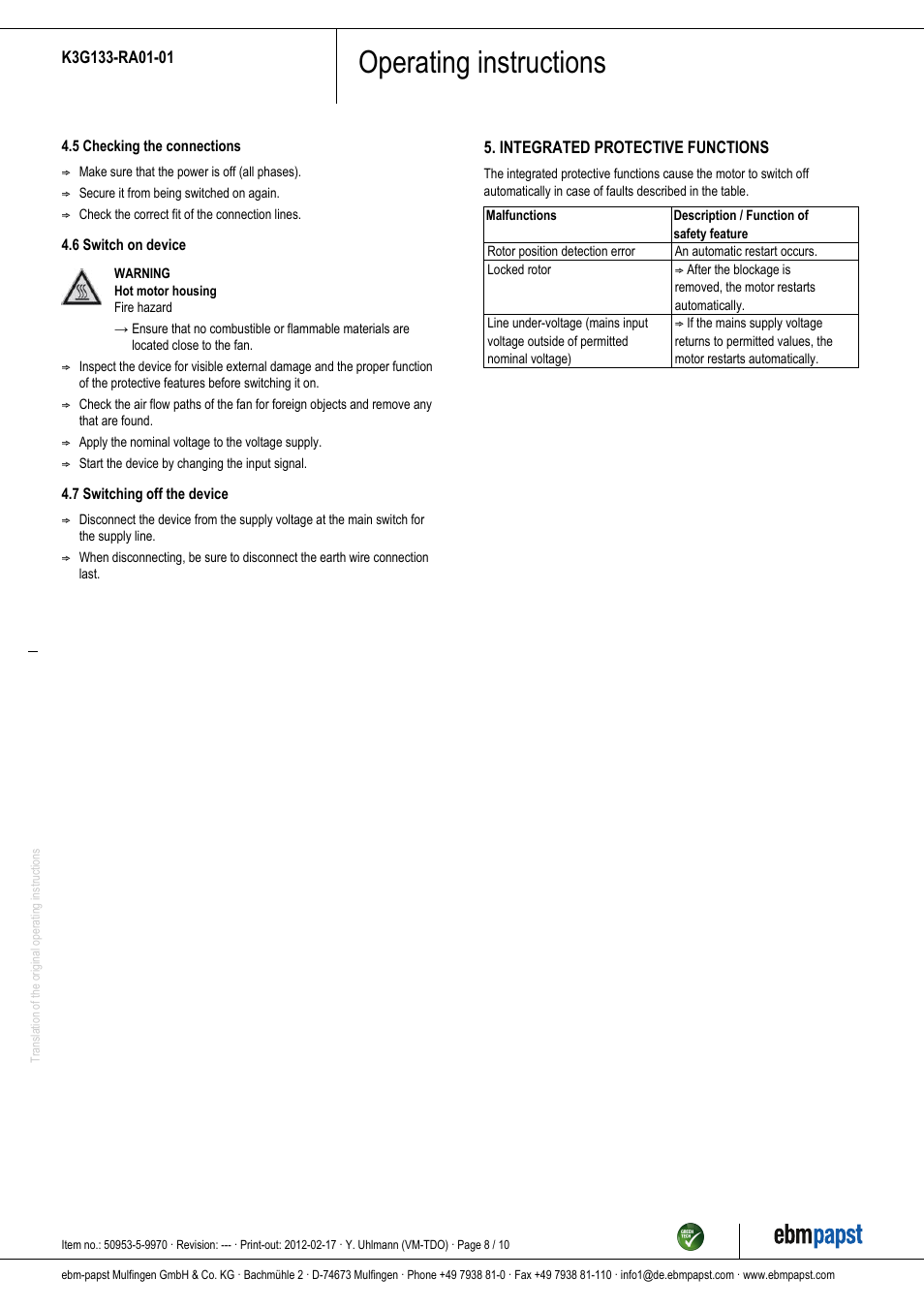 Operating instructions | ebm-papst K3G133-RA01-01 User Manual | Page 8 / 10