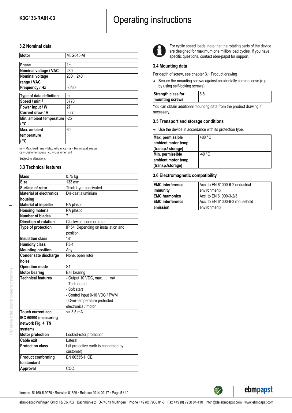 Operating instructions | ebm-papst K3G133-RA01-03 User Manual | Page 5 / 10