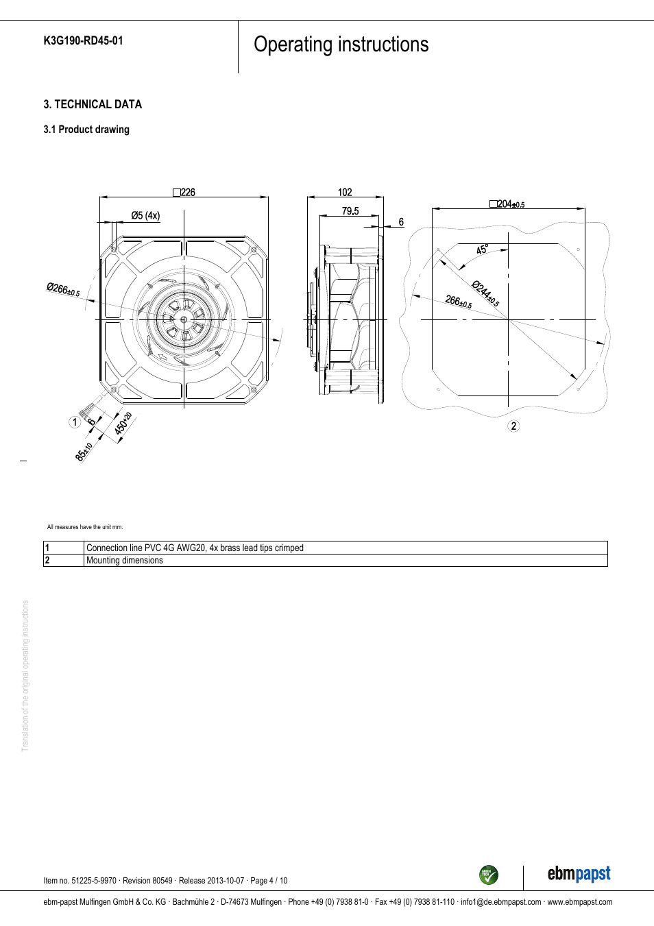 Operating instructions | ebm-papst K3G190-RD45-01 User Manual | Page 4 / 10
