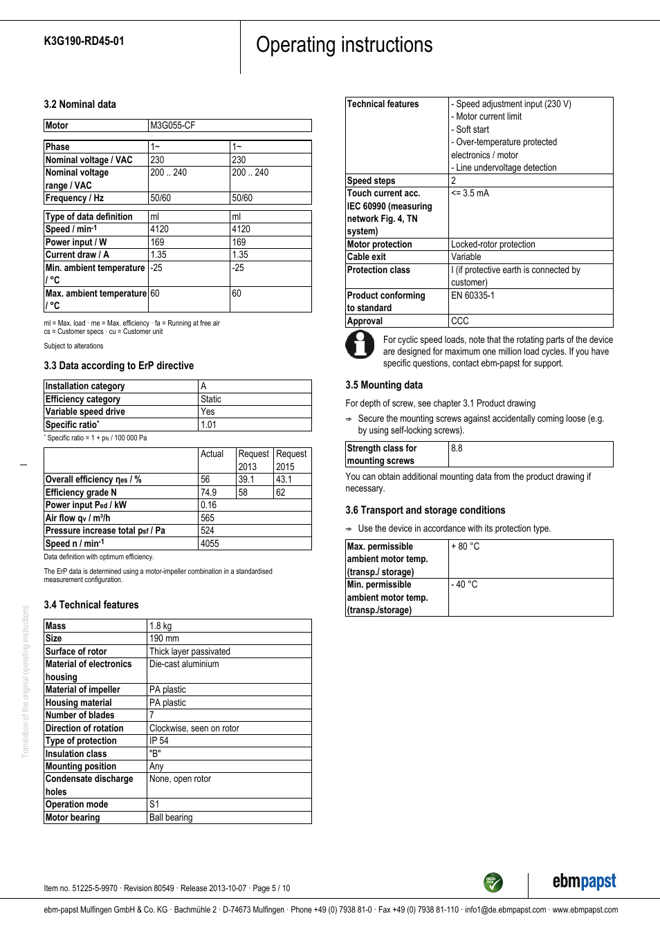 Operating instructions | ebm-papst K3G190-RD45-01 User Manual | Page 5 / 10
