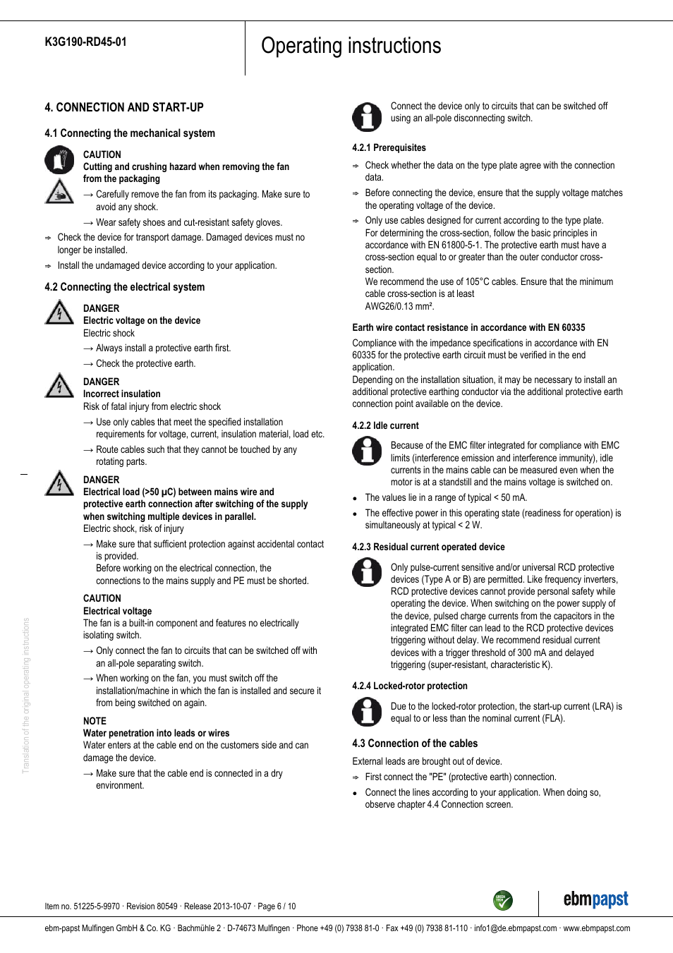 Operating instructions | ebm-papst K3G190-RD45-01 User Manual | Page 6 / 10