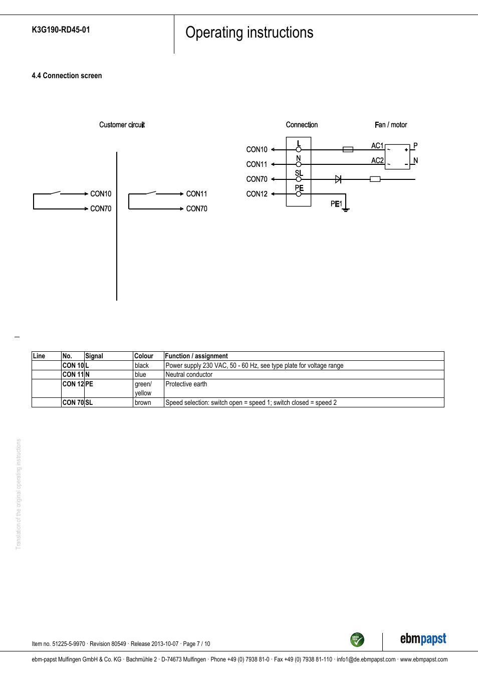 Operating instructions | ebm-papst K3G190-RD45-01 User Manual | Page 7 / 10