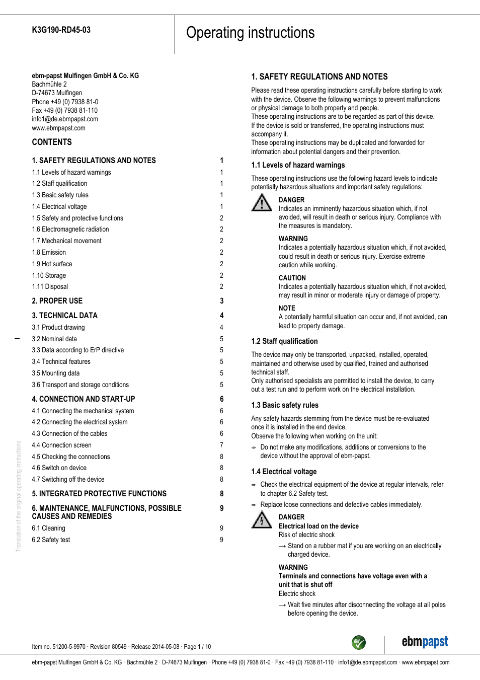 ebm-papst K3G190-RD45-03 User Manual | 10 pages