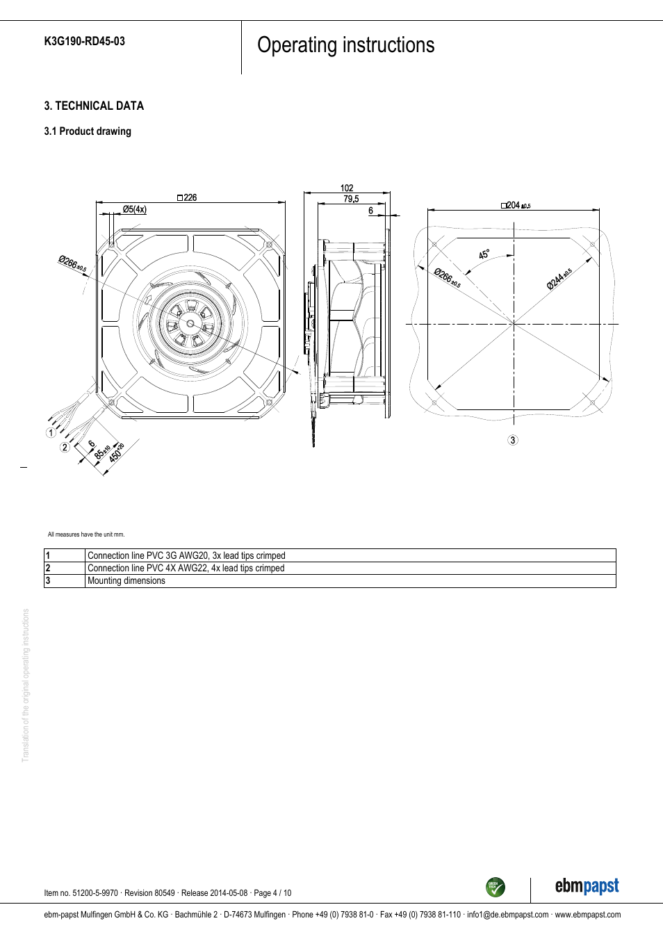 Operating instructions | ebm-papst K3G190-RD45-03 User Manual | Page 4 / 10