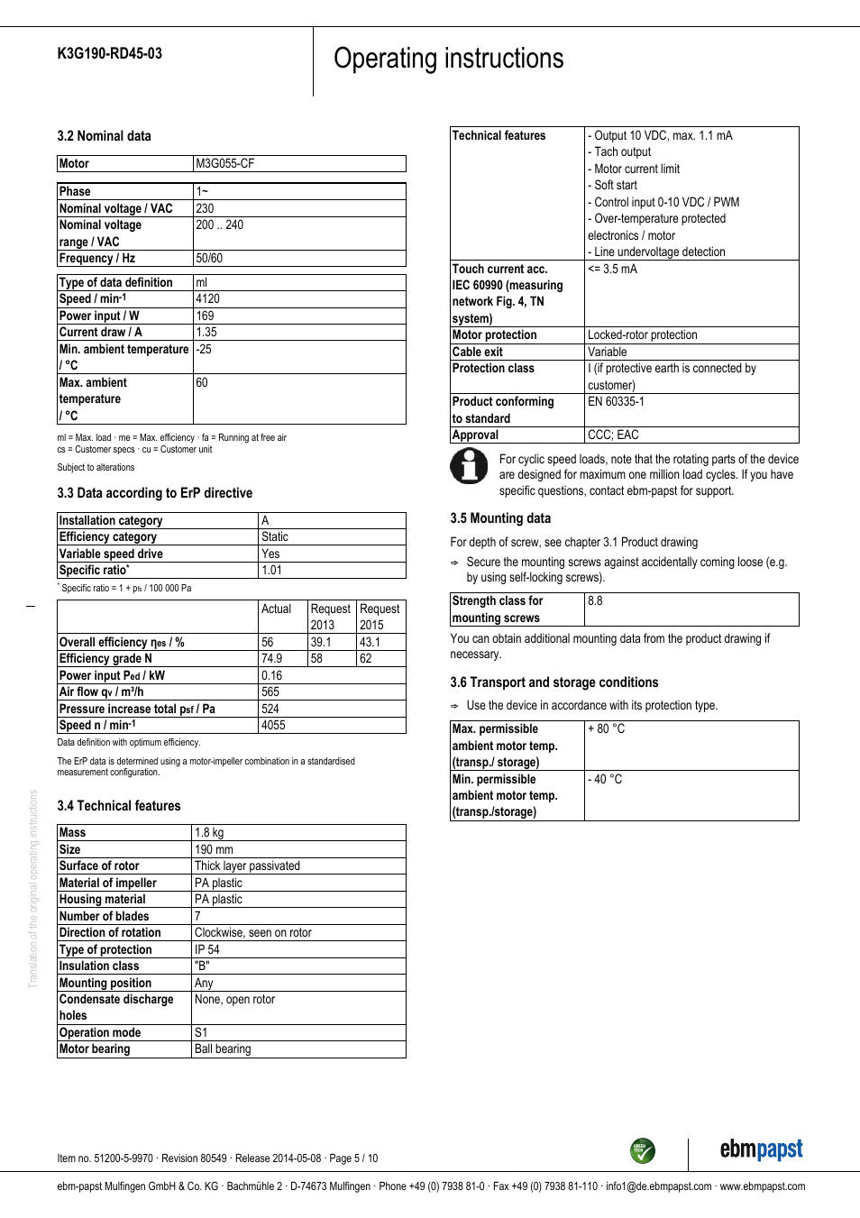 Operating instructions | ebm-papst K3G190-RD45-03 User Manual | Page 5 / 10