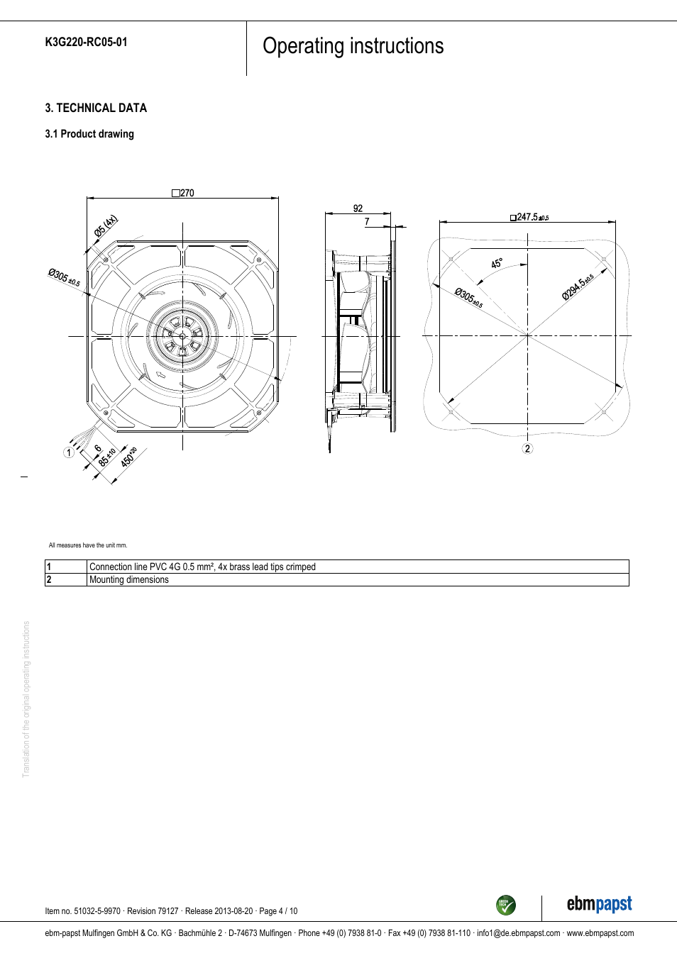 Operating instructions | ebm-papst K3G220-RC05-01 User Manual | Page 4 / 10