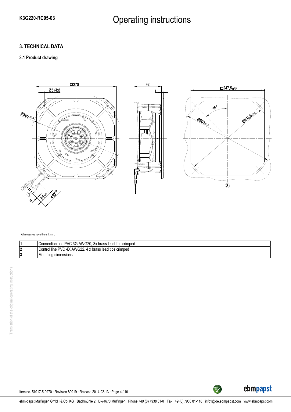 Operating instructions | ebm-papst K3G220-RC05-03 User Manual | Page 4 / 10