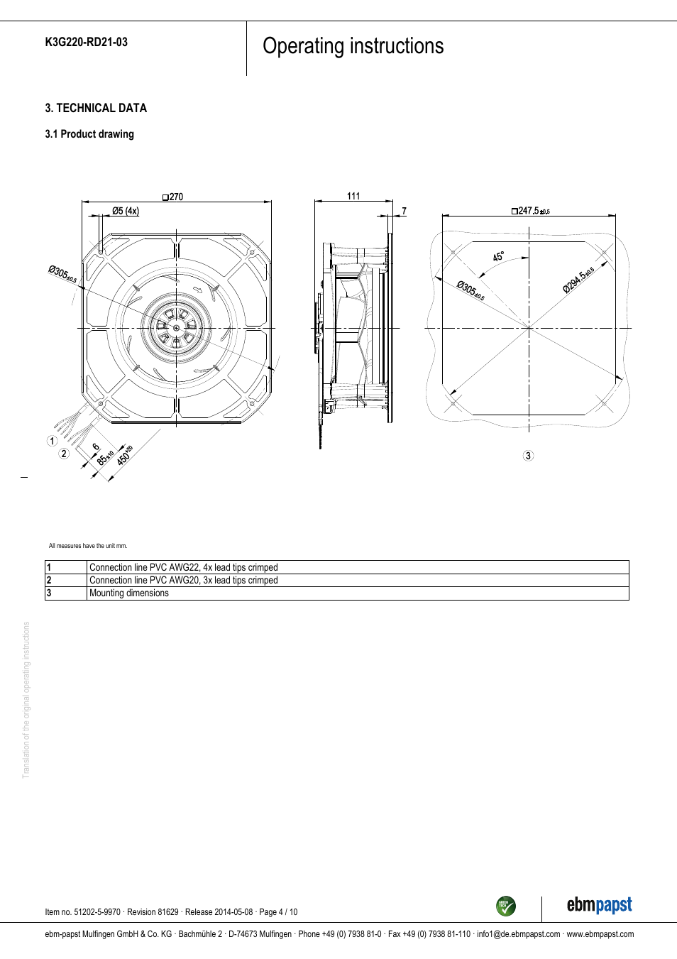 Operating instructions | ebm-papst K3G220-RD21-03 User Manual | Page 4 / 10