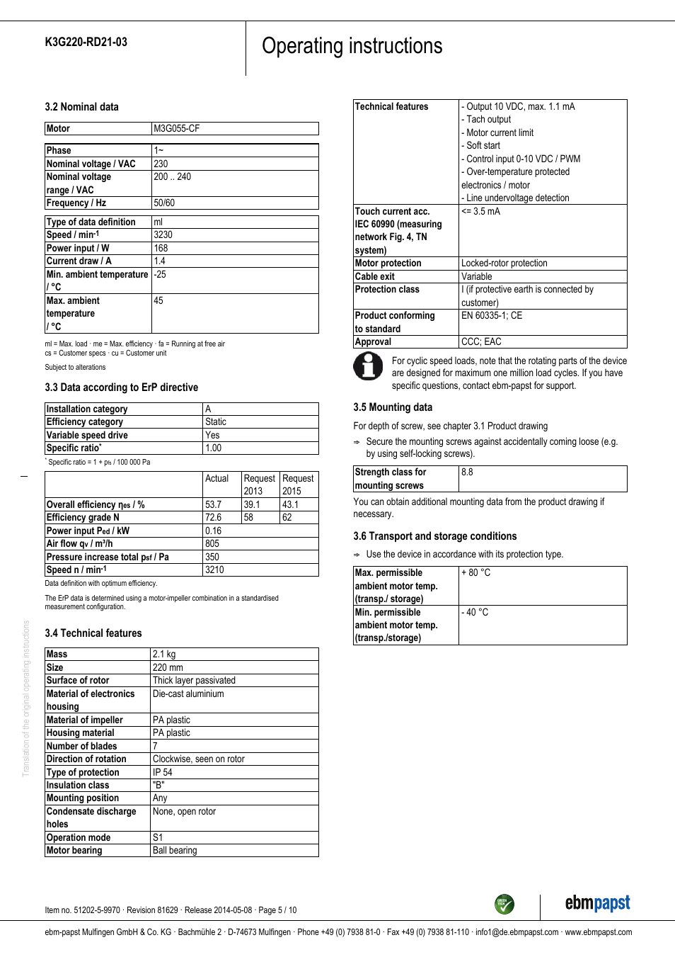 Operating instructions | ebm-papst K3G220-RD21-03 User Manual | Page 5 / 10