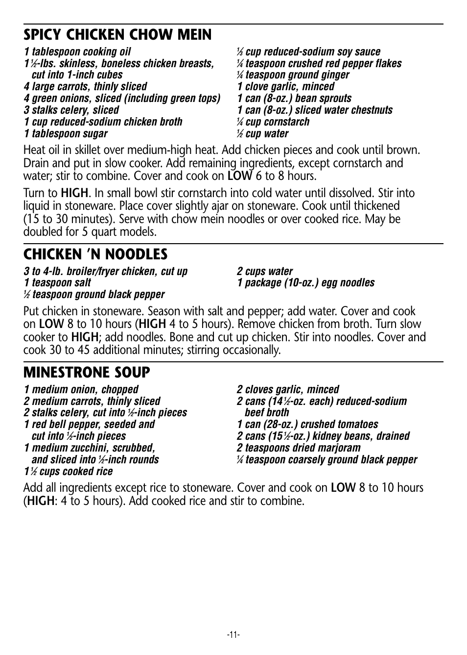 Spicy chicken chow mein, Chicken ’n noodles, Minestrone soup | Crock-Pot 3950 User Manual | Page 11 / 18