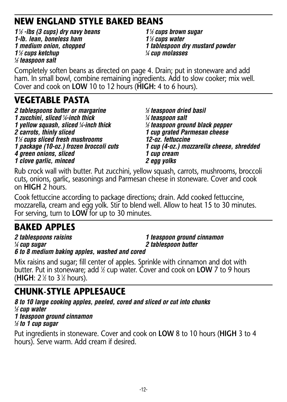 New england style baked beans, Vegetable pasta, Baked apples | Chunk-style applesauce, Hours) | Crock-Pot 3950 User Manual | Page 12 / 18
