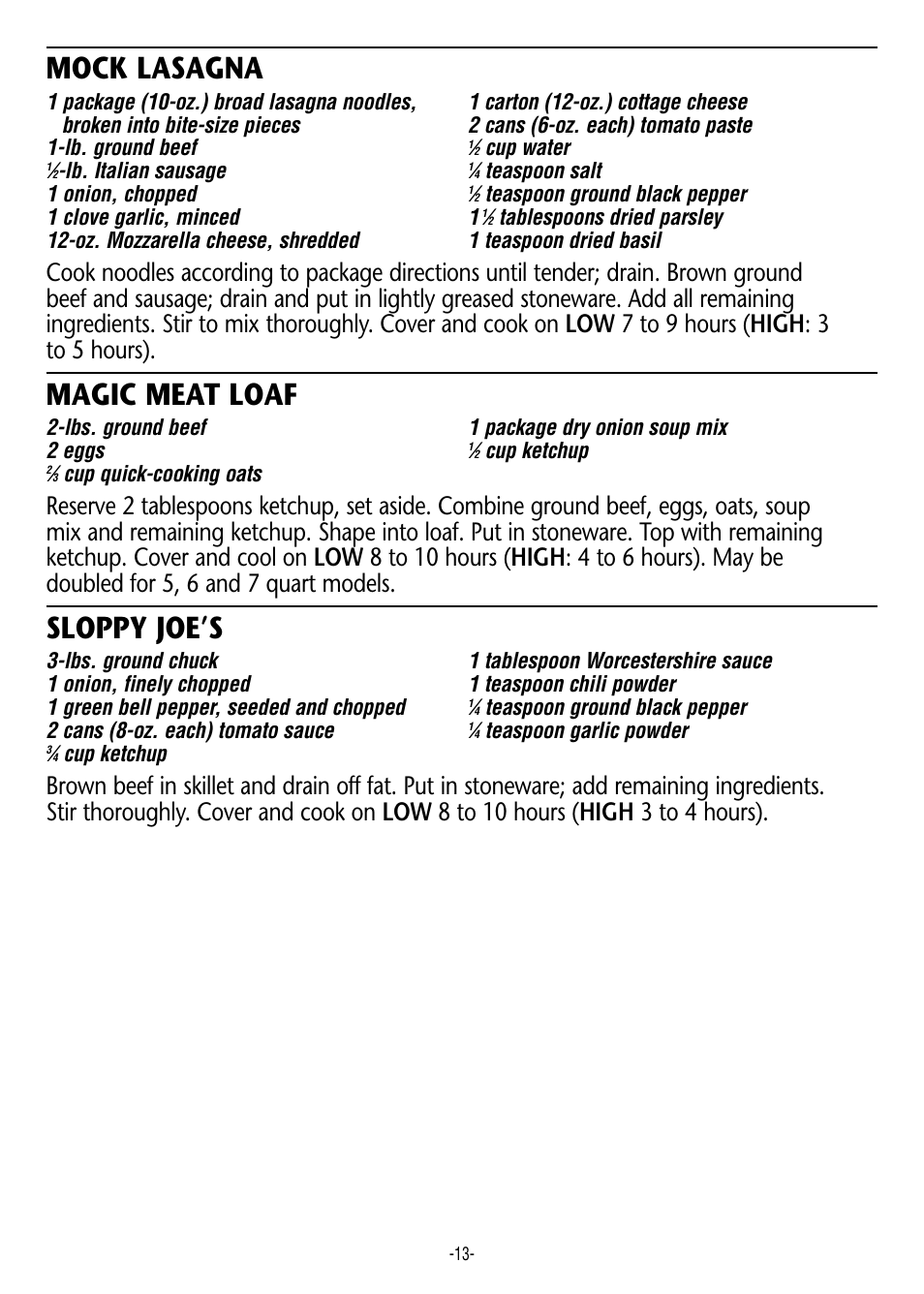Mock lasagna, Magic meat loaf, Sloppy joe’s | Crock-Pot 3950 User Manual | Page 13 / 18