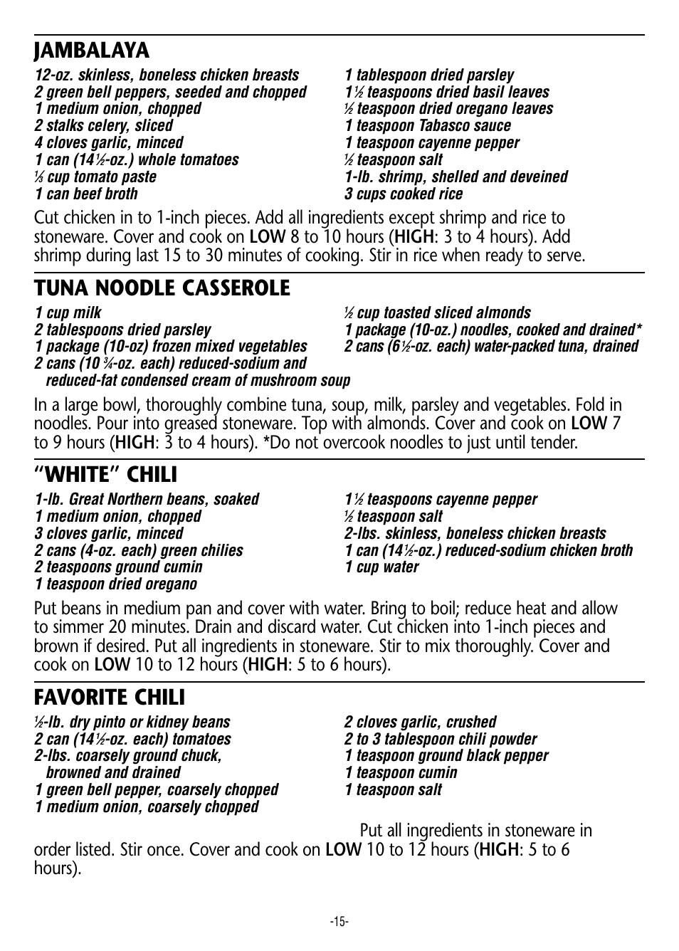 Jambalaya, Tuna noodle casserole, White” chili | Favorite chili | Crock-Pot 3950 User Manual | Page 15 / 18