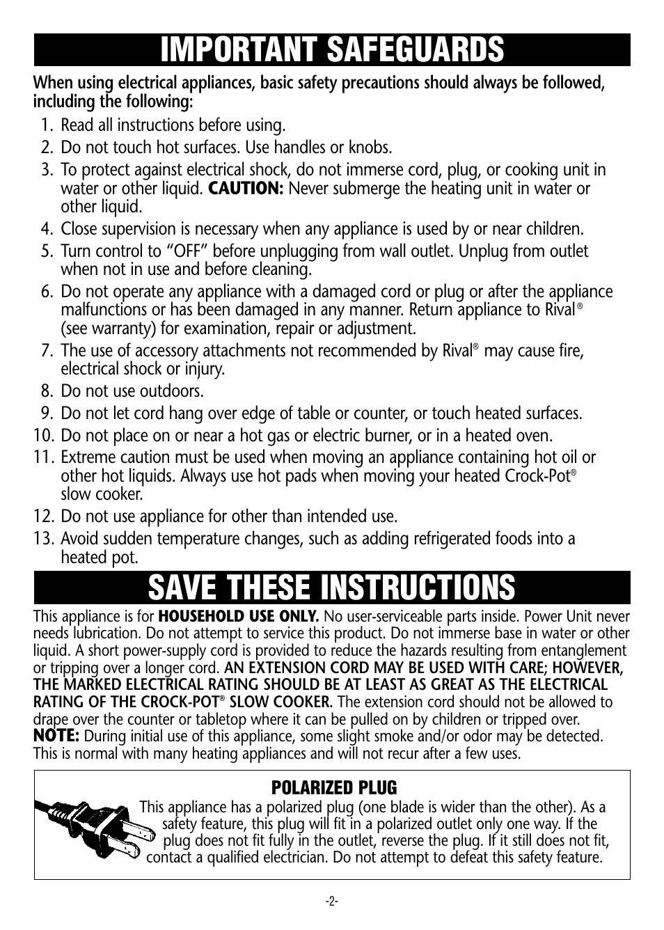 Important safeguards save these instructions | Crock-Pot 3950 User Manual | Page 2 / 18