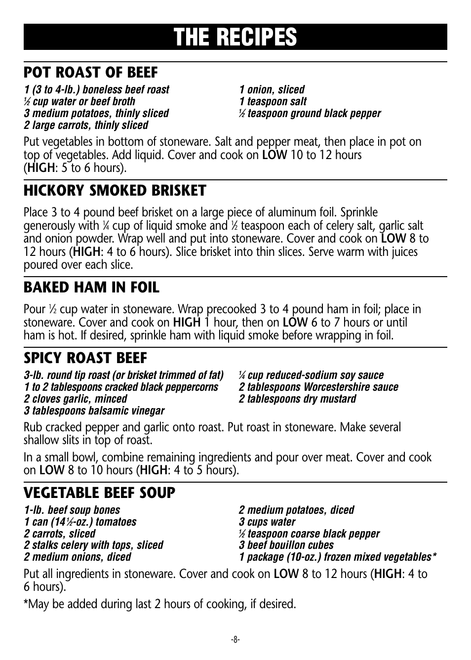 The recipes, Pot roast of beef, Hickory smoked brisket | Baked ham in foil, Spicy roast beef, Vegetable beef soup, Cup of liquid smoke and, Pour | Crock-Pot 3950 User Manual | Page 8 / 18