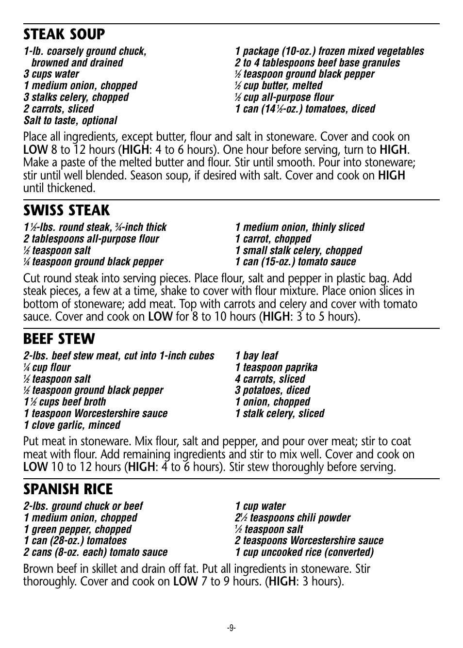 Steak soup, Swiss steak, Beef stew | Spanish rice | Crock-Pot 3950 User Manual | Page 9 / 18