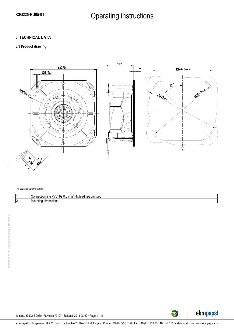 Operating instructions | ebm-papst K3G225-RD05-01 User Manual | Page 4 / 10