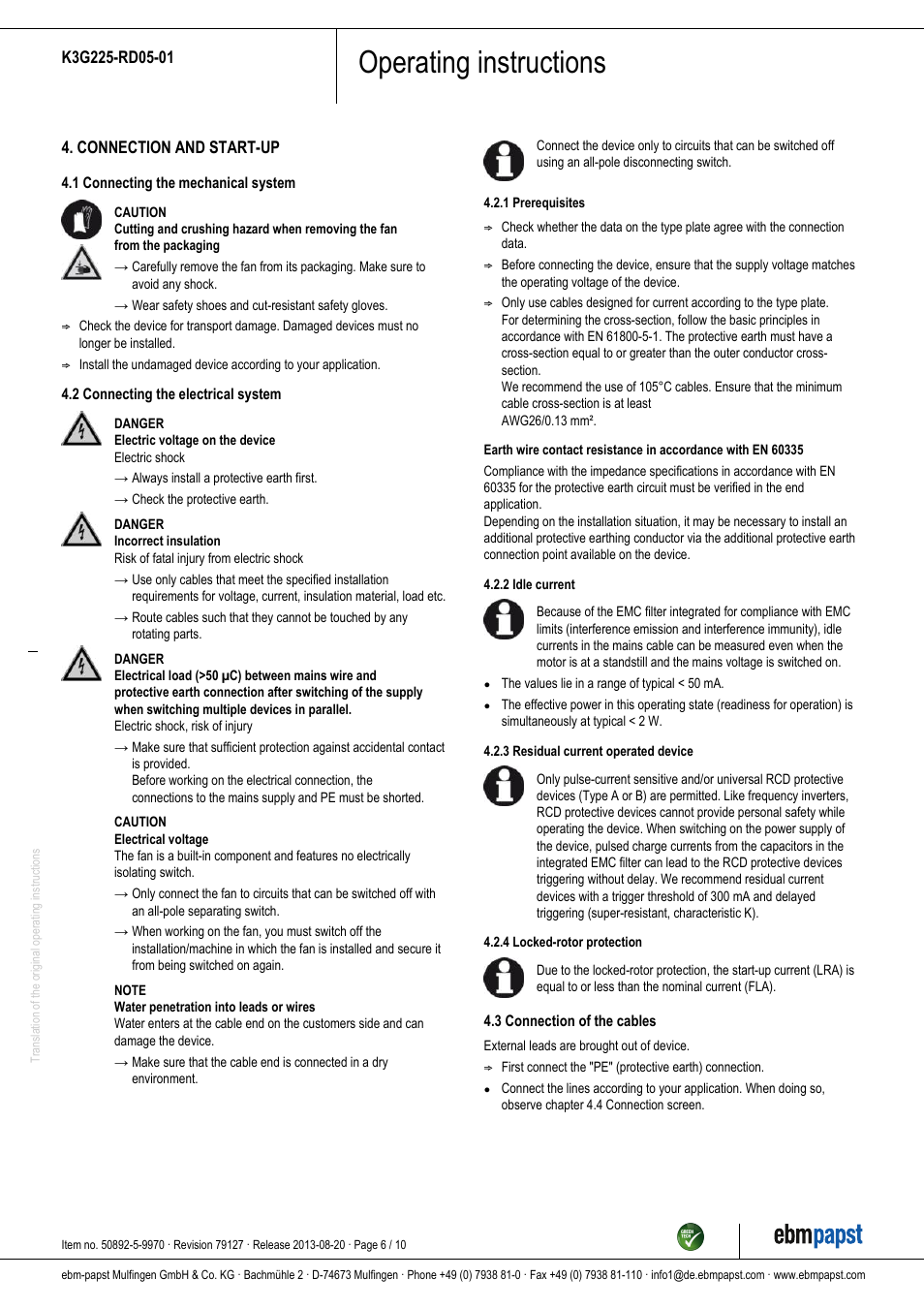 Operating instructions | ebm-papst K3G225-RD05-01 User Manual | Page 6 / 10
