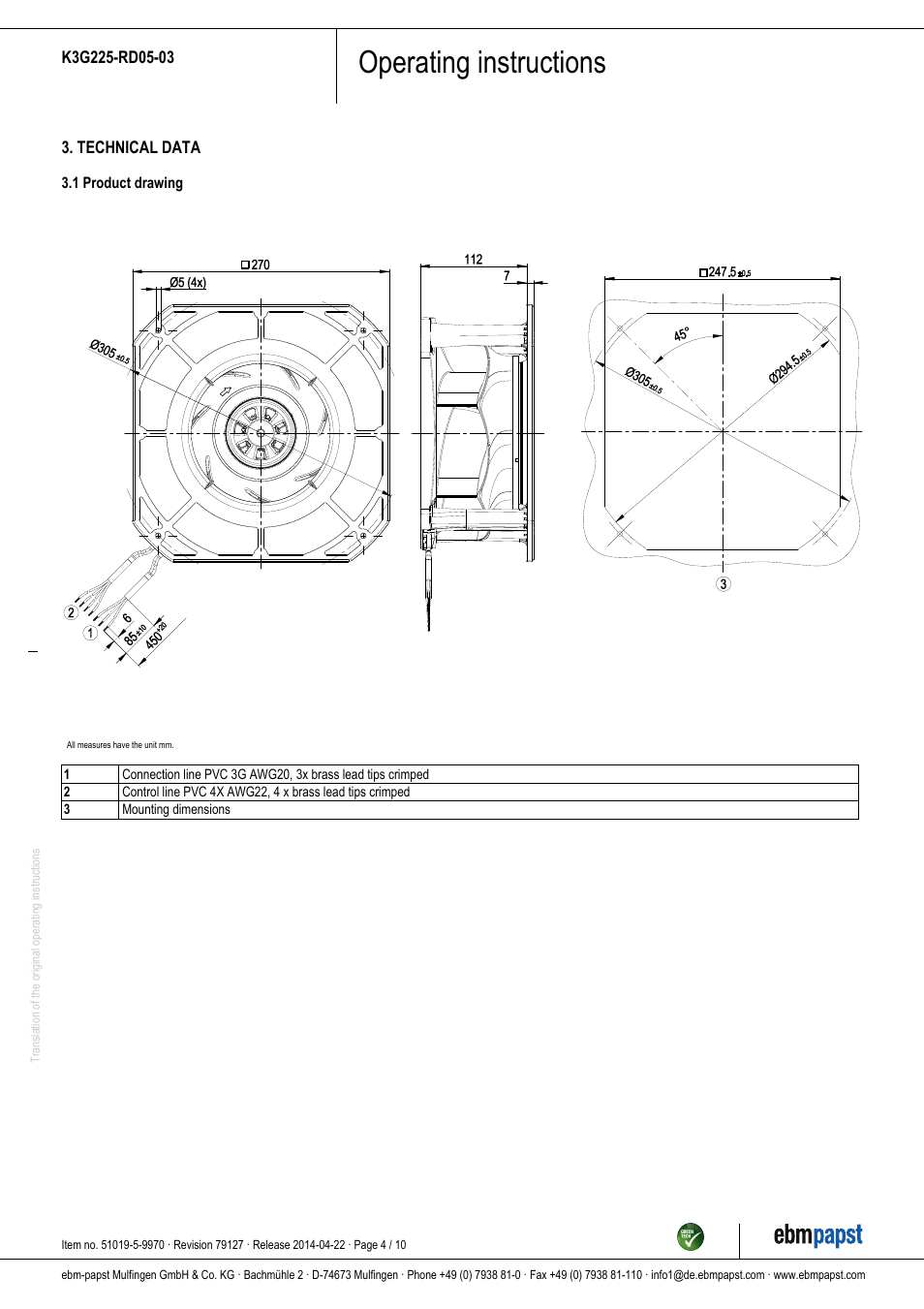 Operating instructions | ebm-papst K3G225-RD05-03 User Manual | Page 4 / 10