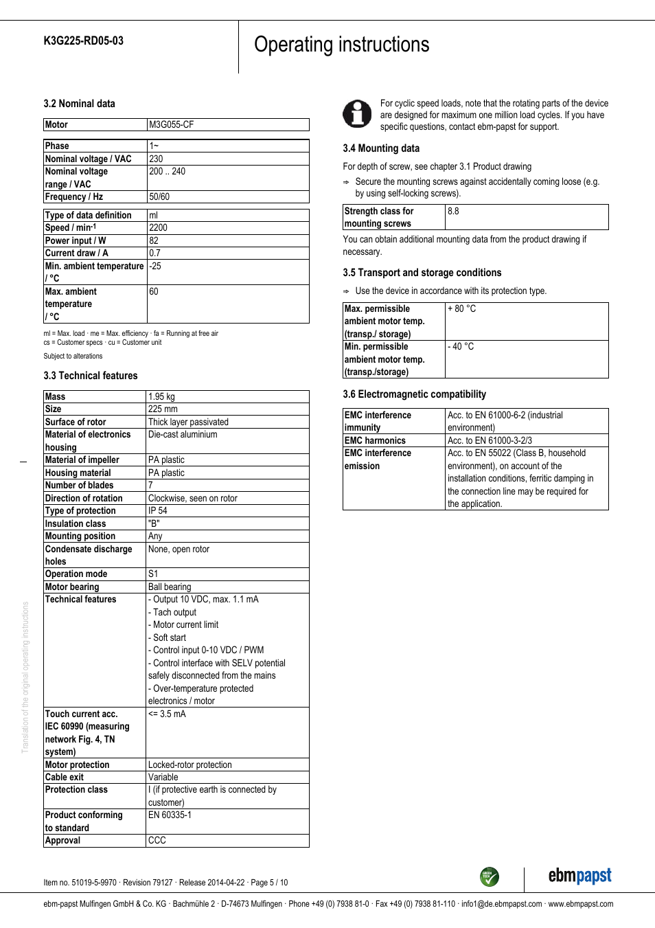 Operating instructions | ebm-papst K3G225-RD05-03 User Manual | Page 5 / 10