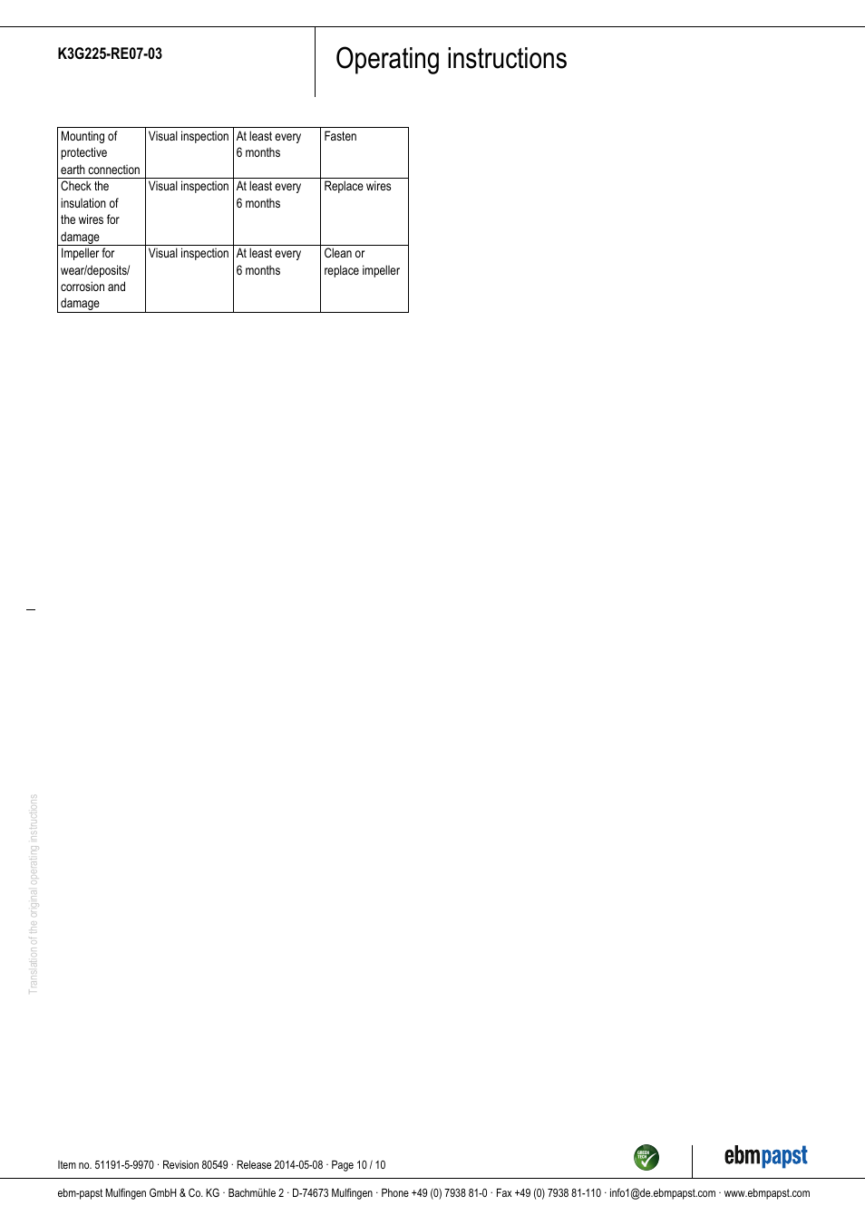 Operating instructions | ebm-papst K3G225-RE07-03 User Manual | Page 10 / 10