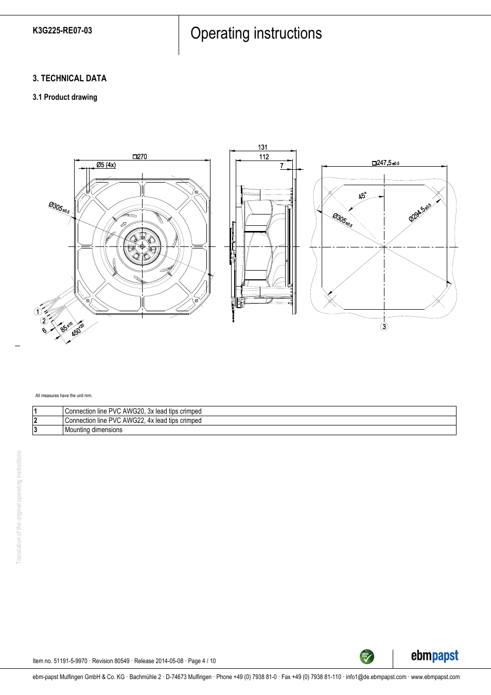 Operating instructions | ebm-papst K3G225-RE07-03 User Manual | Page 4 / 10