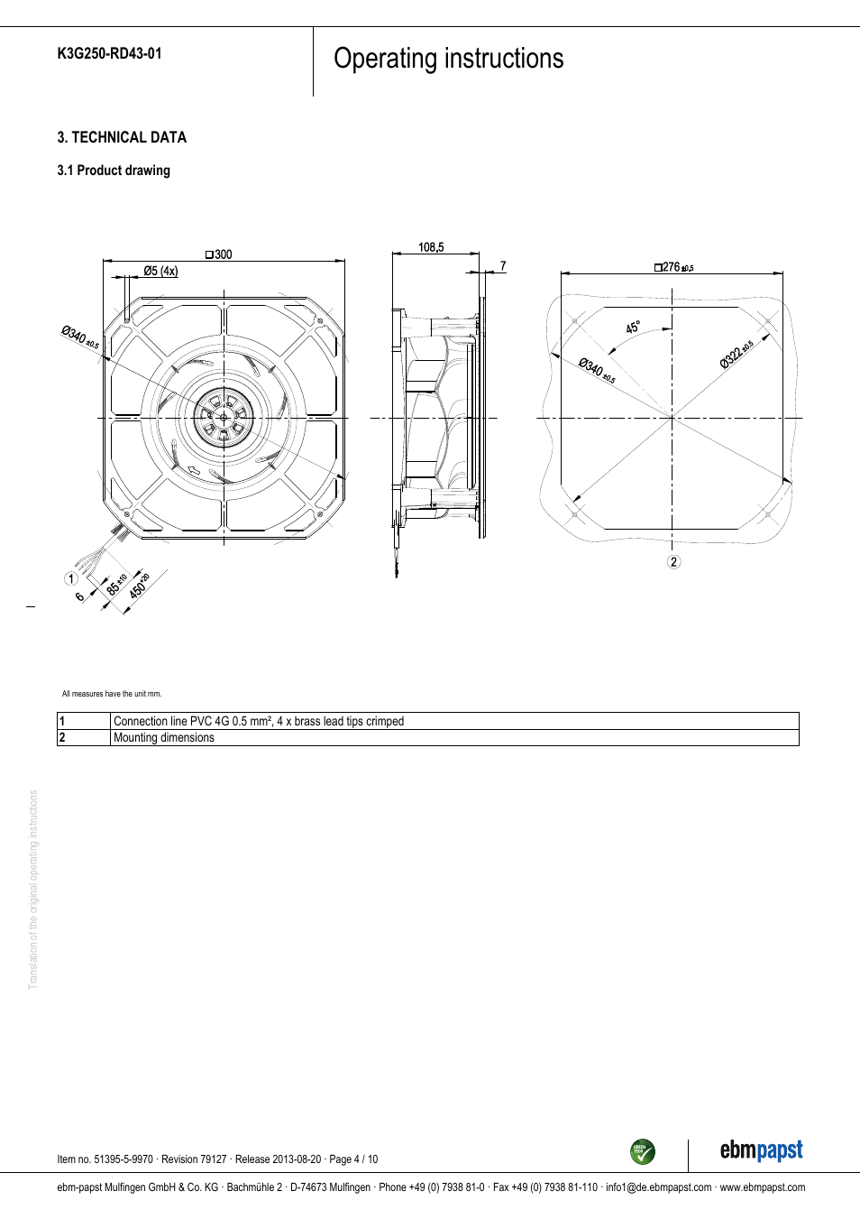 Operating instructions | ebm-papst K3G250-RD43-01 User Manual | Page 4 / 10