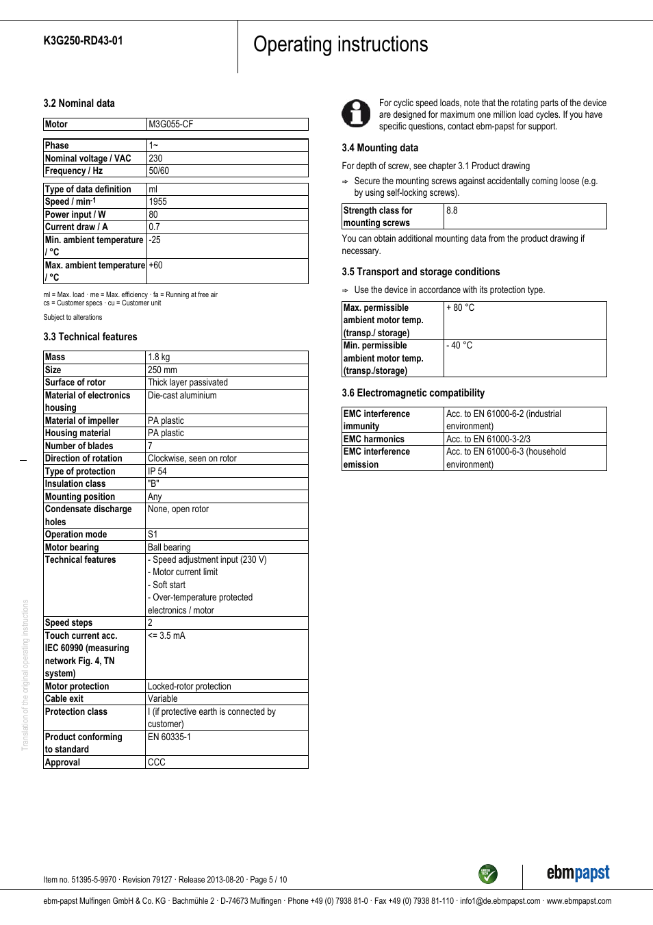 Operating instructions | ebm-papst K3G250-RD43-01 User Manual | Page 5 / 10