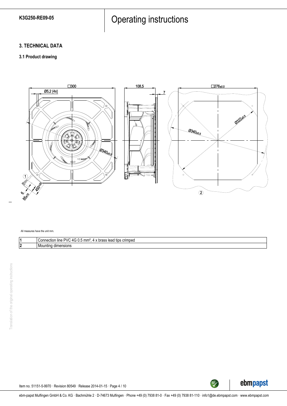 Operating instructions | ebm-papst K3G250-RE09-05 User Manual | Page 4 / 10