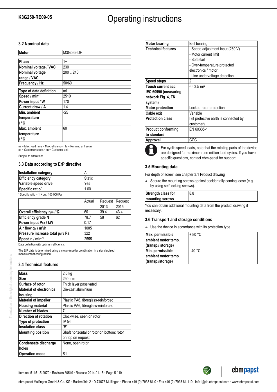 Operating instructions | ebm-papst K3G250-RE09-05 User Manual | Page 5 / 10