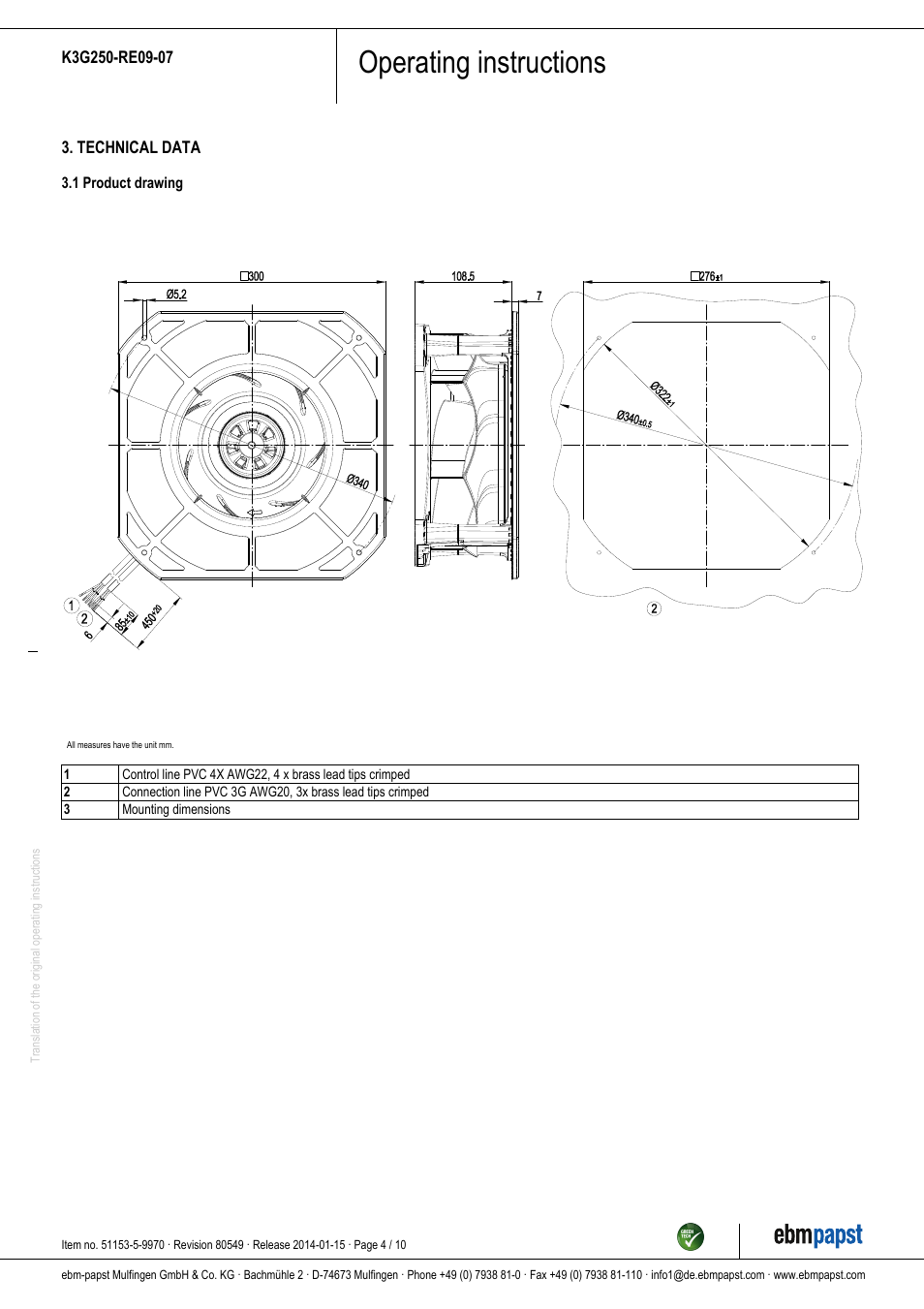 Operating instructions | ebm-papst K3G250-RE09-07 User Manual | Page 4 / 10