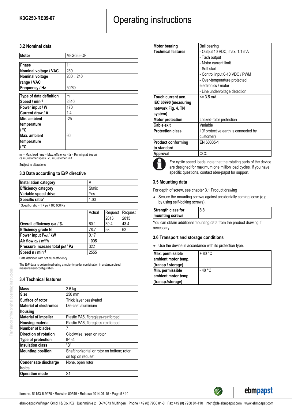 Operating instructions | ebm-papst K3G250-RE09-07 User Manual | Page 5 / 10