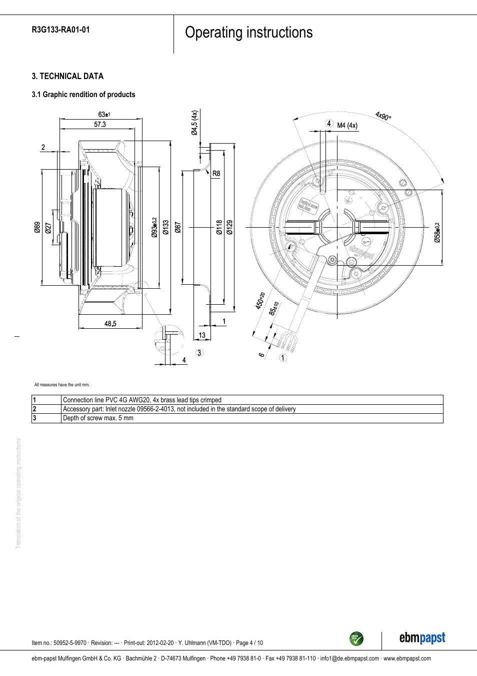 Operating instructions | ebm-papst R3G133-RA01-01 User Manual | Page 4 / 10