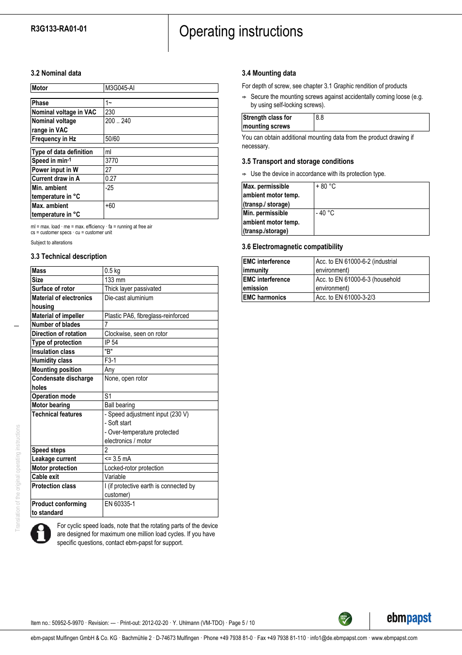 Operating instructions | ebm-papst R3G133-RA01-01 User Manual | Page 5 / 10