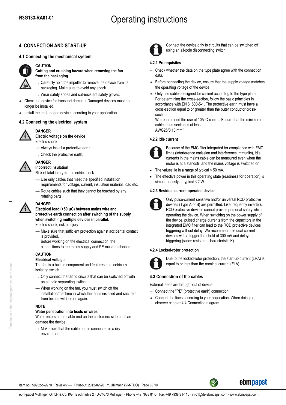 Operating instructions | ebm-papst R3G133-RA01-01 User Manual | Page 6 / 10