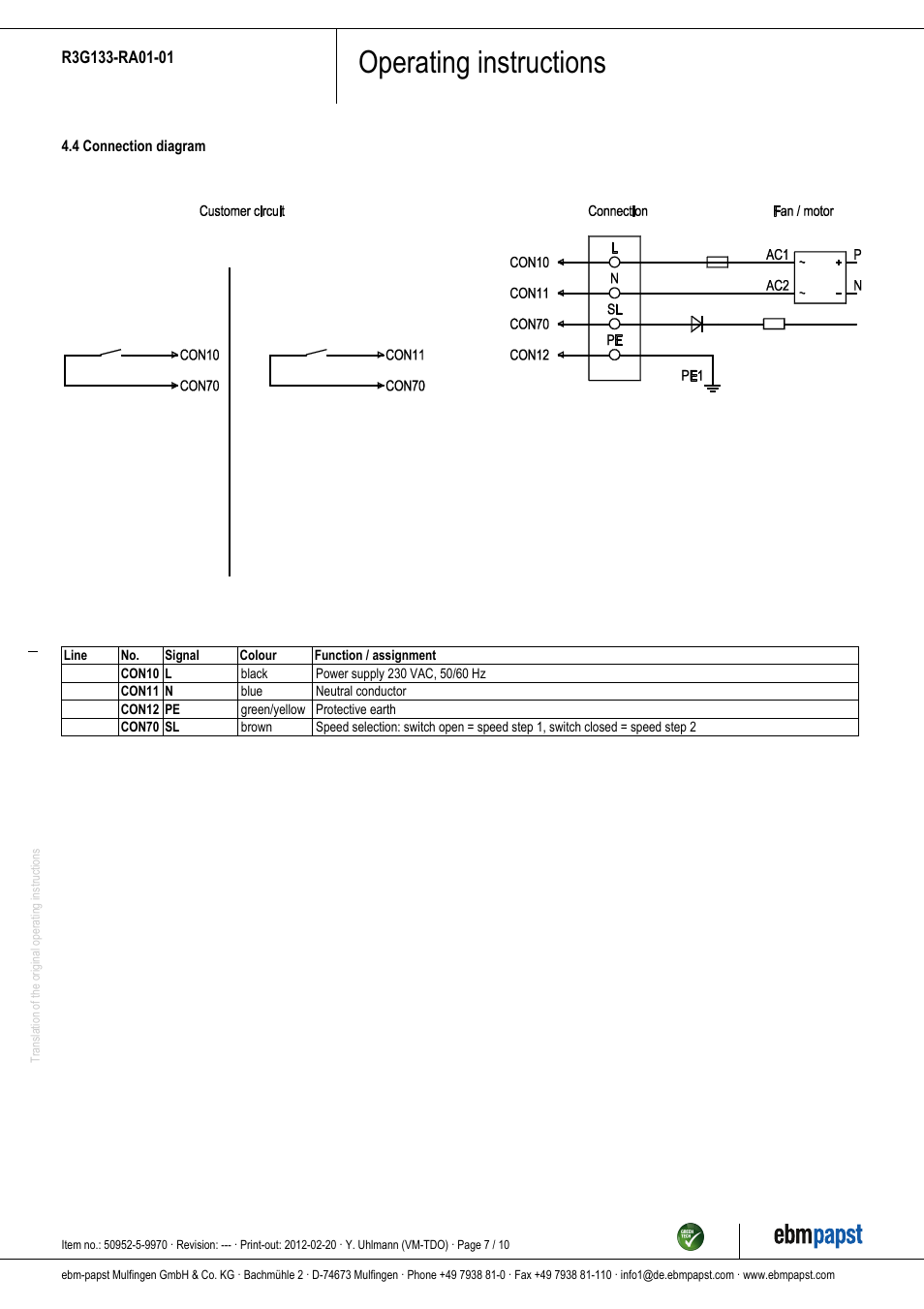 Operating instructions | ebm-papst R3G133-RA01-01 User Manual | Page 7 / 10