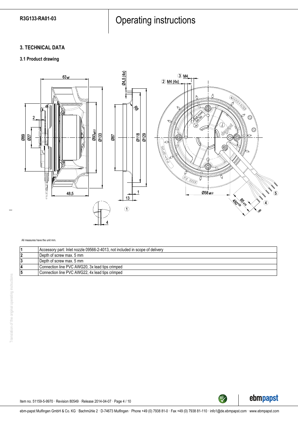 Operating instructions | ebm-papst R3G133-RA01-03 User Manual | Page 4 / 10