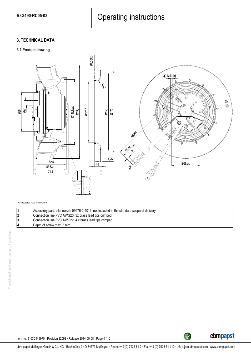 Operating instructions | ebm-papst R3G190-RC05-03 User Manual | Page 4 / 10