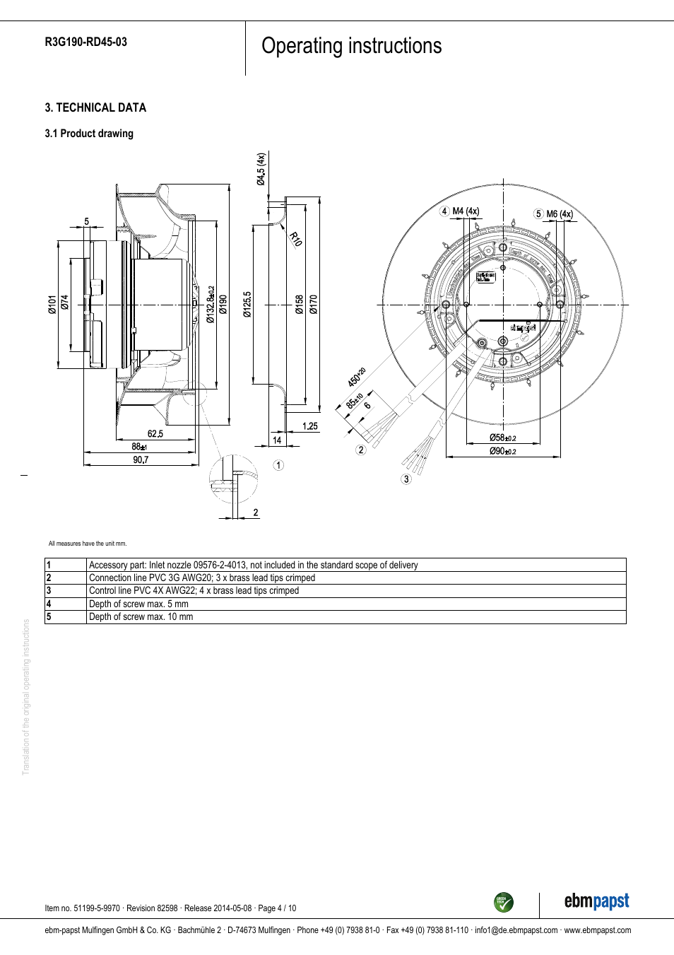 Operating instructions | ebm-papst R3G190-RD45-03 User Manual | Page 4 / 10