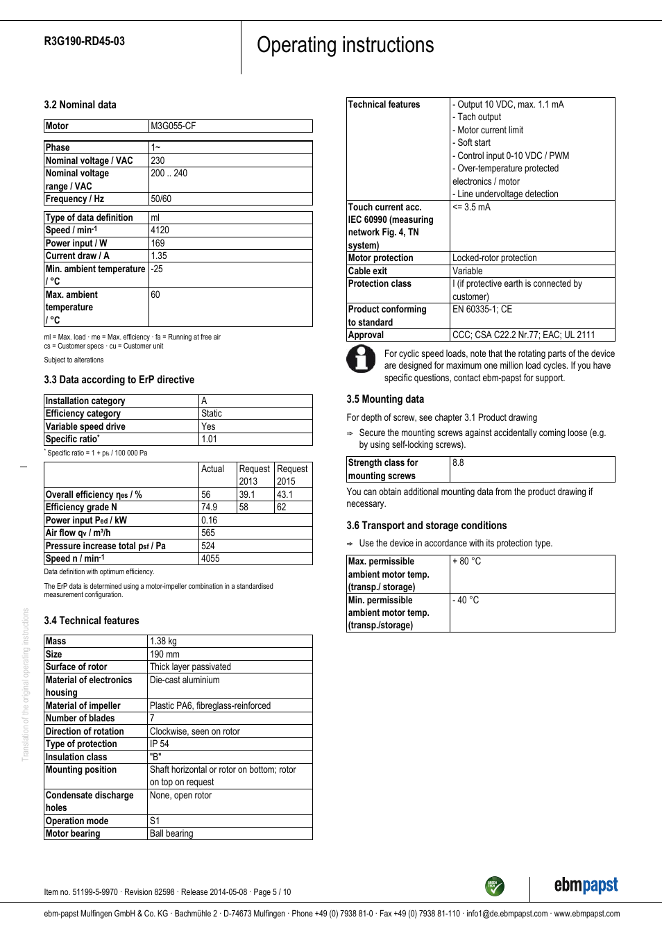 Operating instructions | ebm-papst R3G190-RD45-03 User Manual | Page 5 / 10