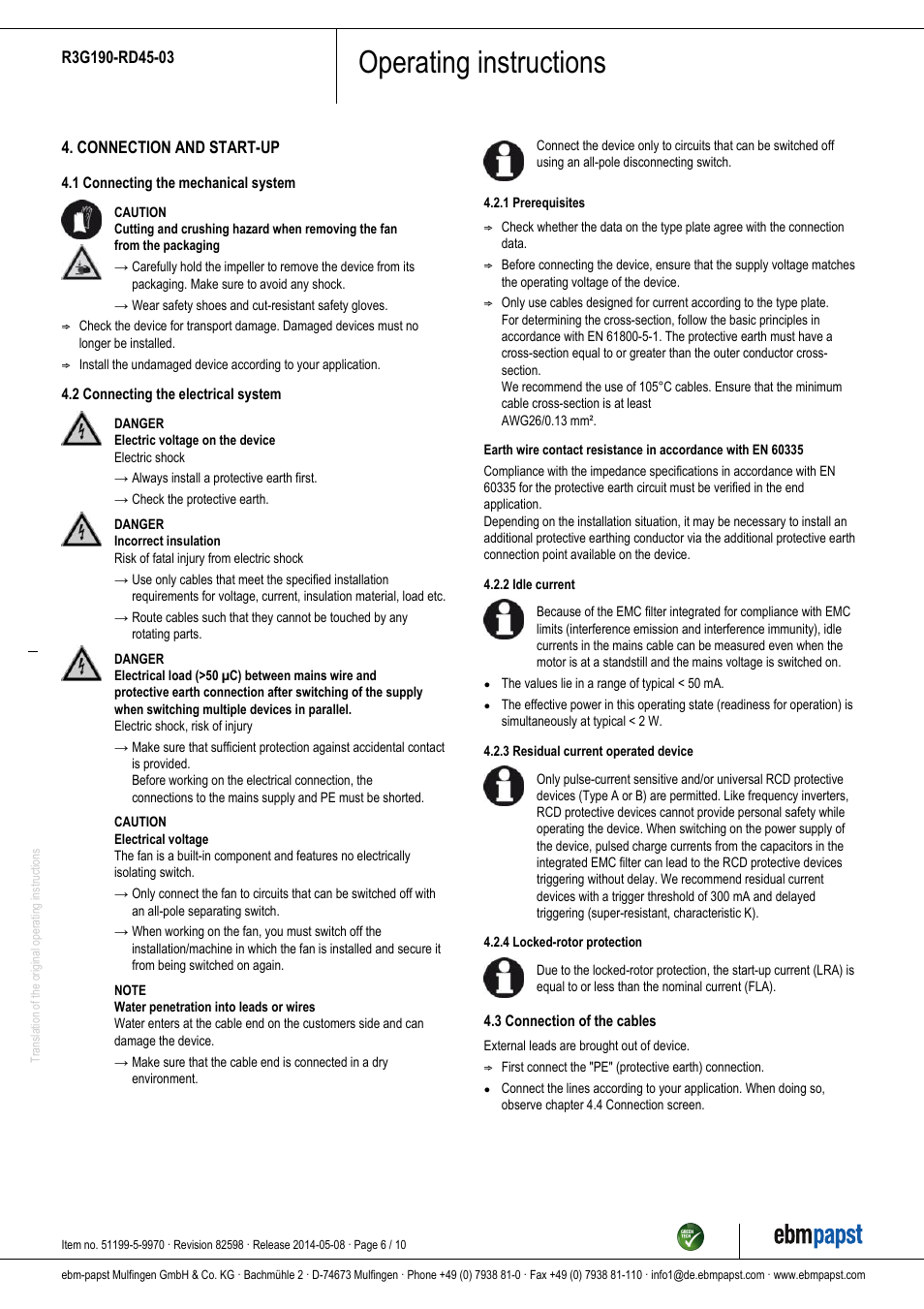 Operating instructions | ebm-papst R3G190-RD45-03 User Manual | Page 6 / 10