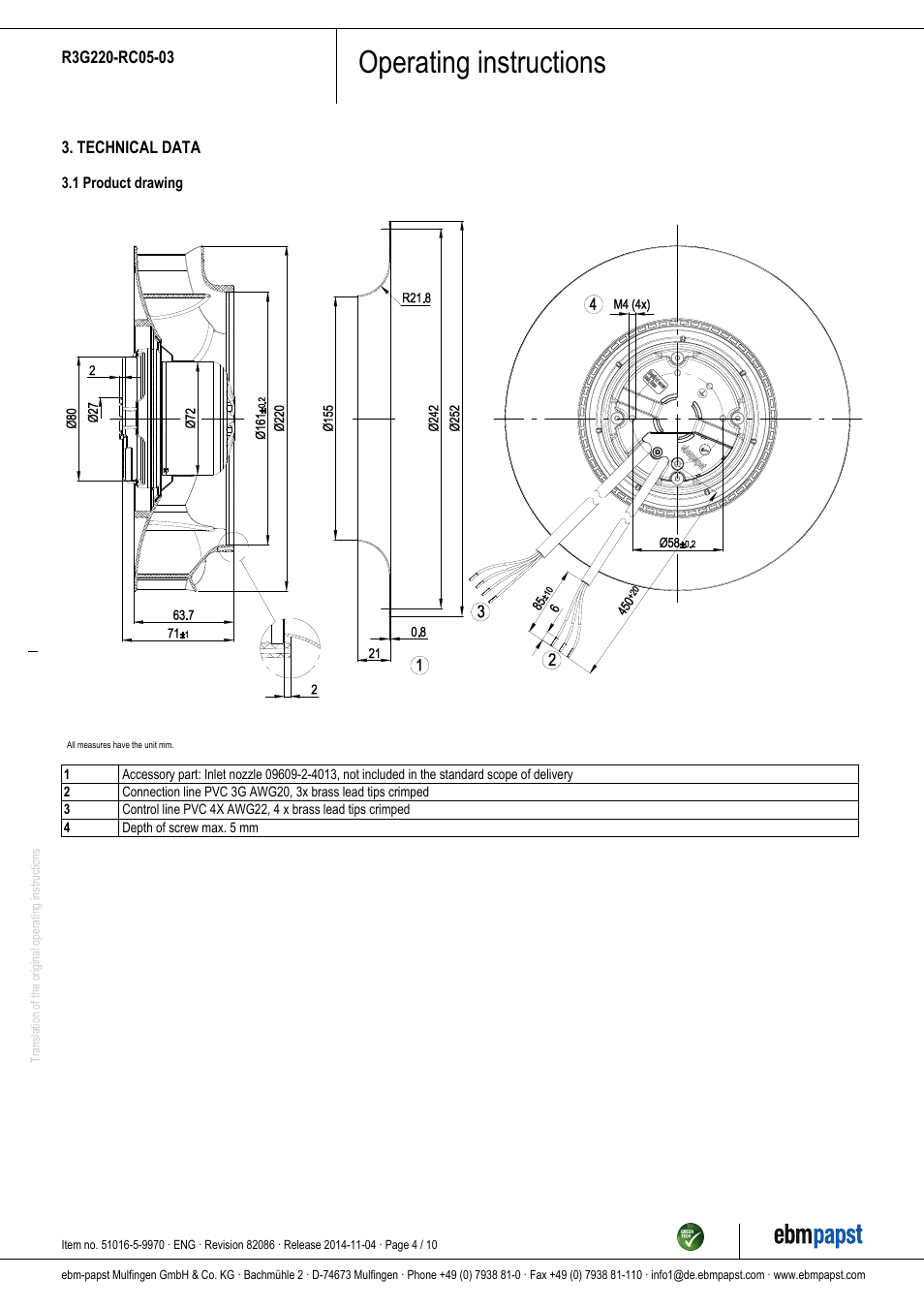 Operating instructions | ebm-papst R3G220-RC05-03 User Manual | Page 4 / 10