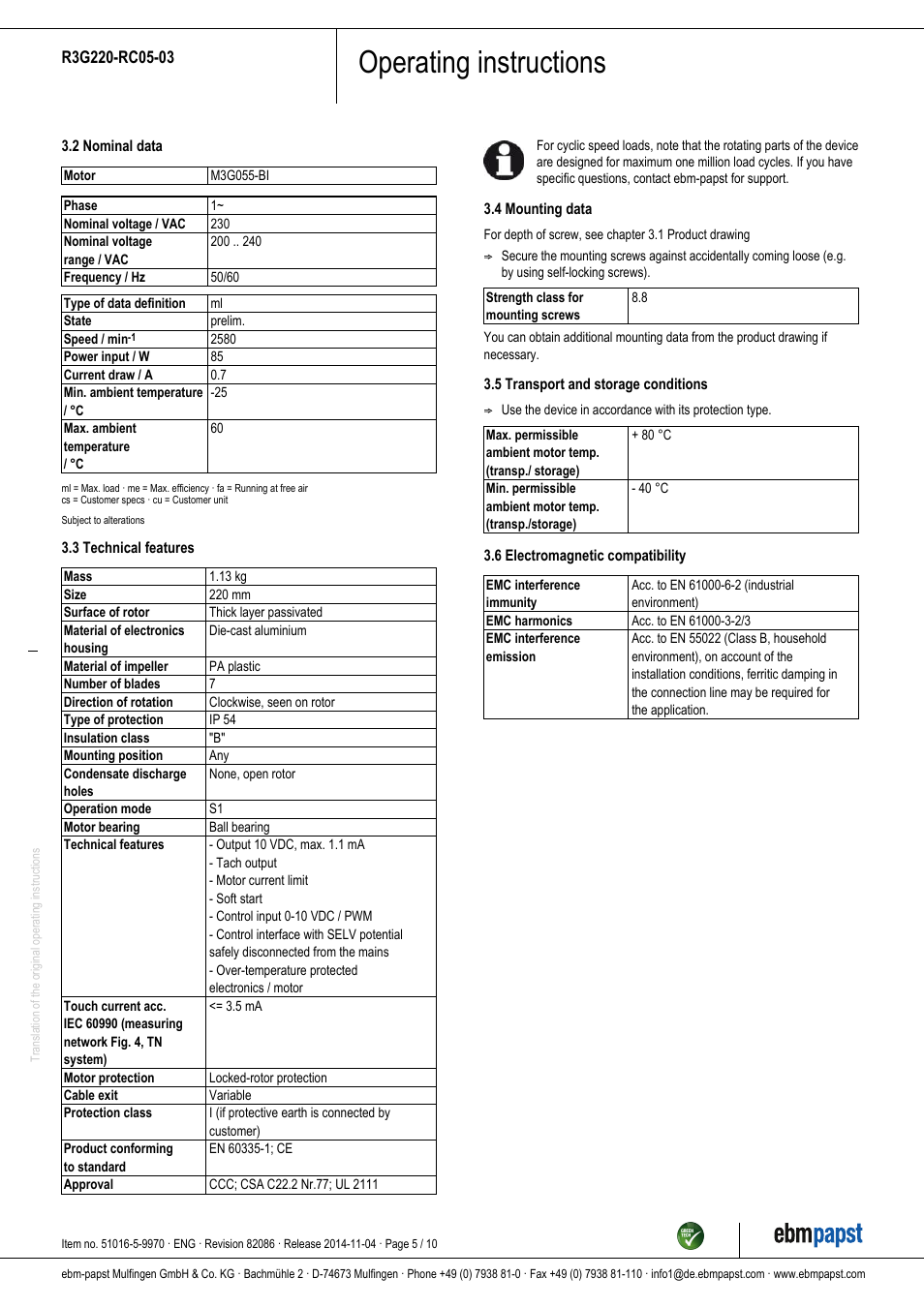 Operating instructions | ebm-papst R3G220-RC05-03 User Manual | Page 5 / 10