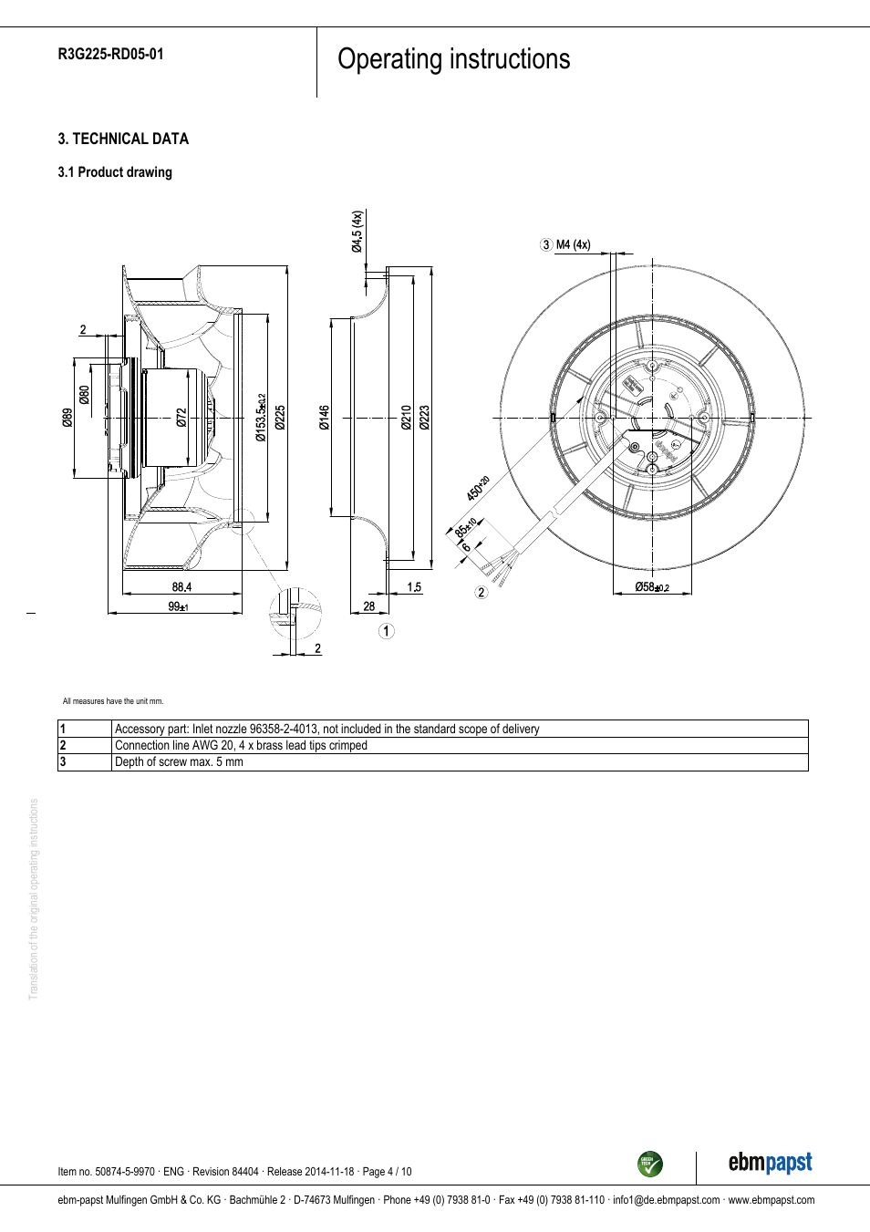 Operating instructions | ebm-papst R3G225-RD05-01 User Manual | Page 4 / 10