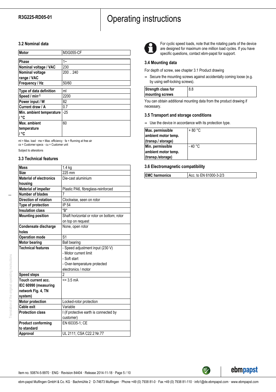 Operating instructions | ebm-papst R3G225-RD05-01 User Manual | Page 5 / 10